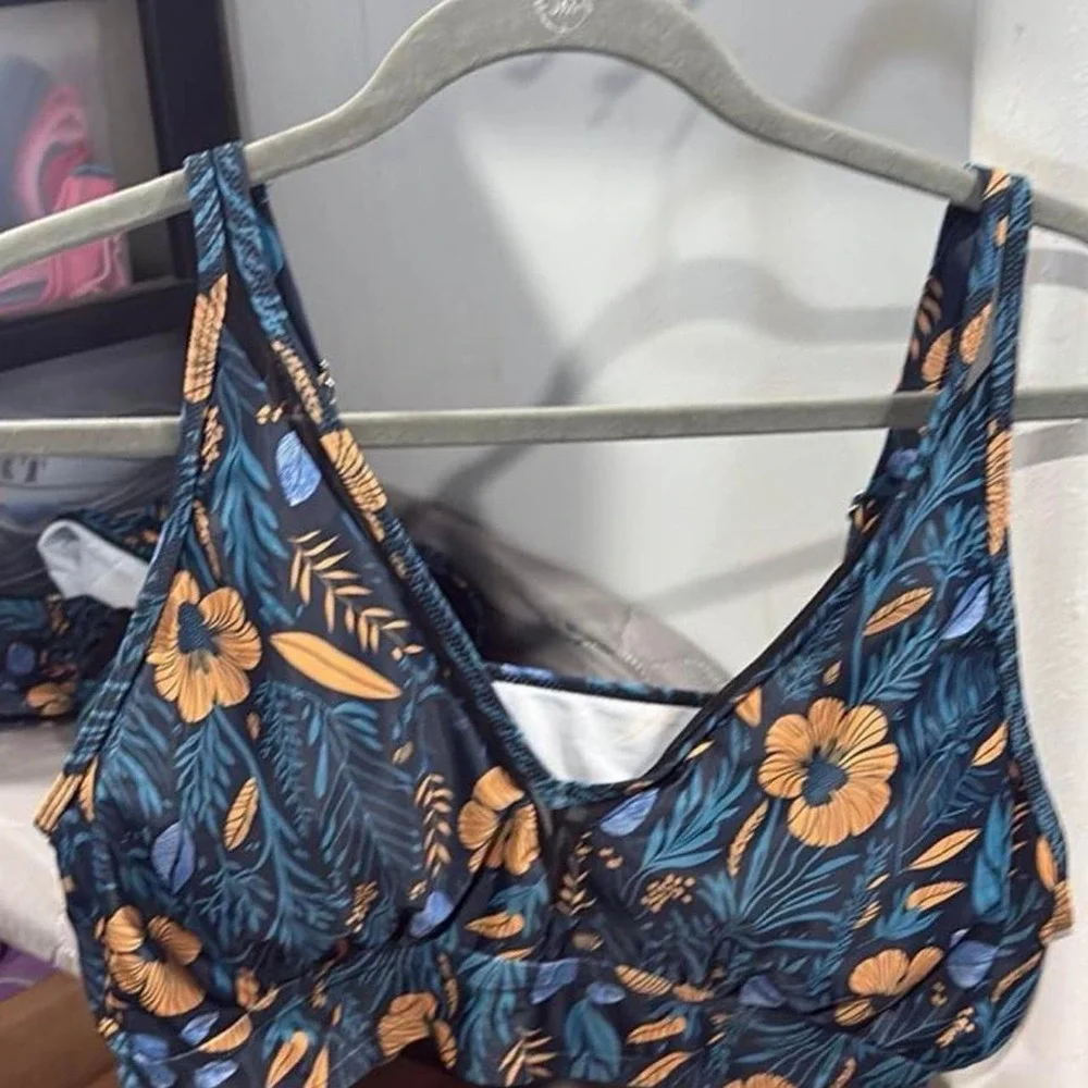 Blue and orange floral print bikini top with ruched detail